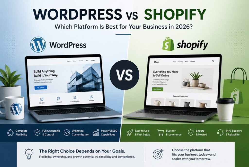 WordPress vs Shopify comparison for business websites and e-commerce stores