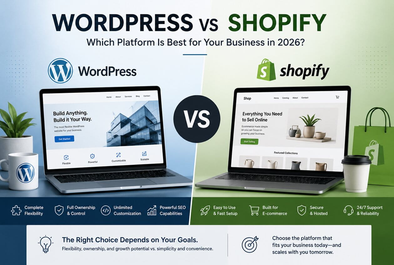 WordPress vs Shopify comparison for business websites and e-commerce stores