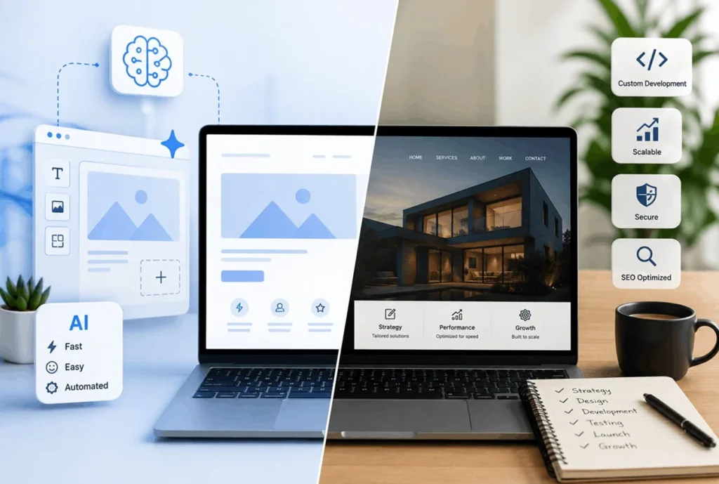 AI website builder compared with professional web development for creating fast, SEO-friendly business websites